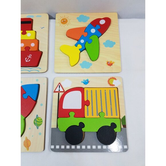SKYFIELD Wooden Vehicle 6 Puzzles Montessori Color Shapes Car Boat Train Plane - Picture 4 of 4